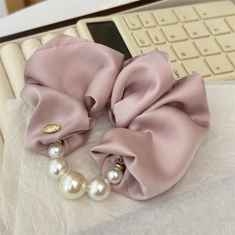 Women's Elegant Summer Satin Pearl Scrunchie Hair Tie Solid Pink