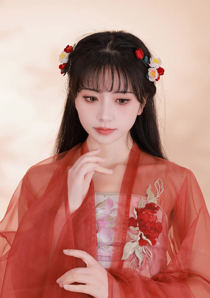 Women Camellia Floral Yarn & Faux Pearl Hair Clips Set for Hanfu Weddings| HANFUBAO