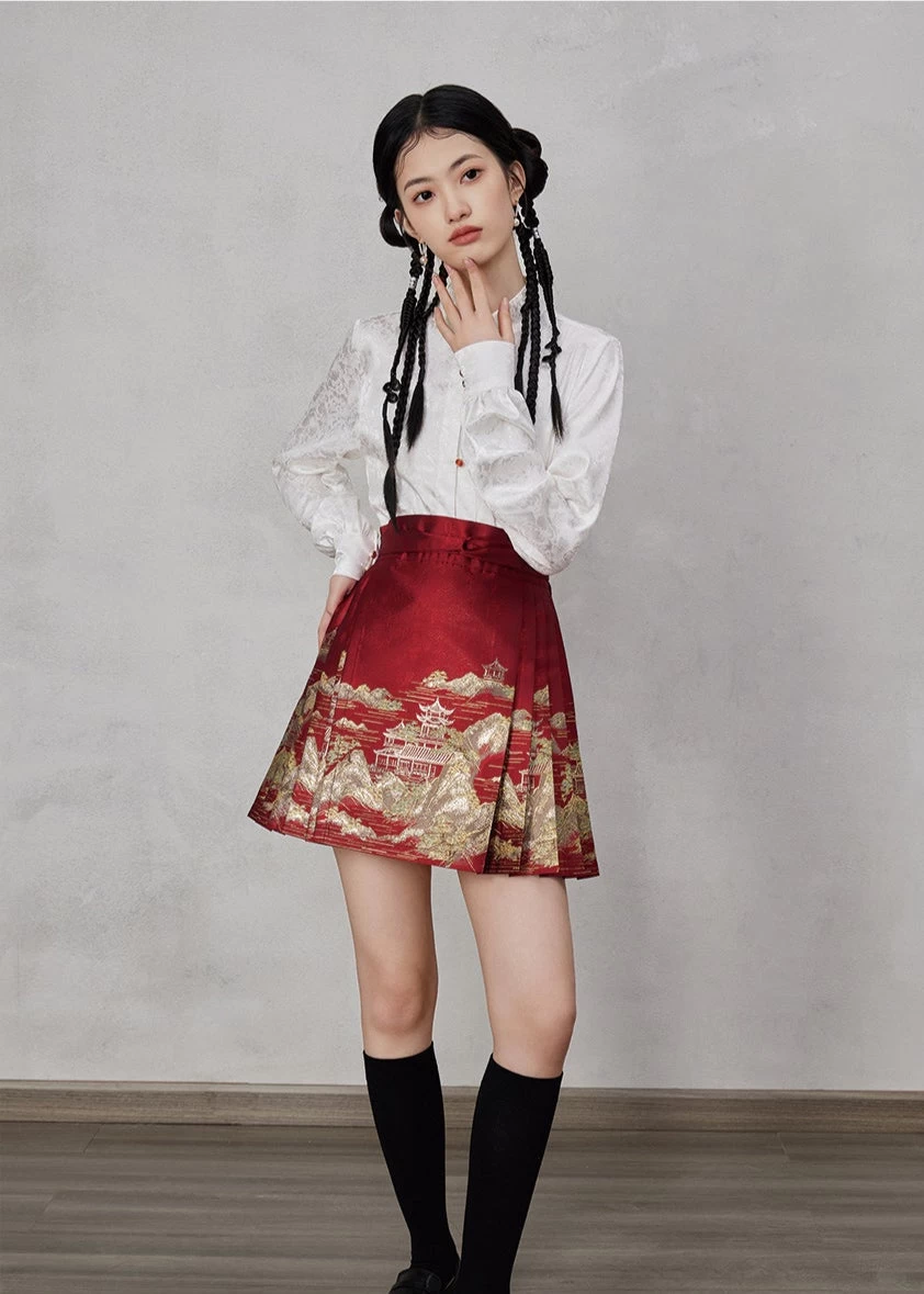 Women's Modern Short Ma Mian Skirt Gilded Landscape Print| HANFUBAO