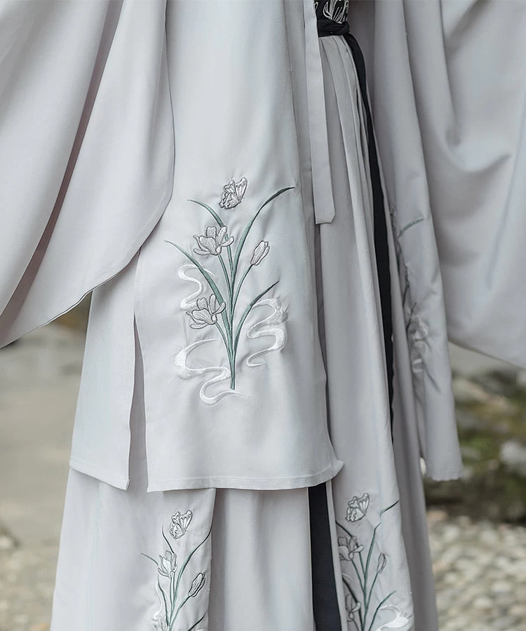 Men's Daily Hanfu Set Gray Orchid Embroidery Yarn  Plus Size | HANFUBAO