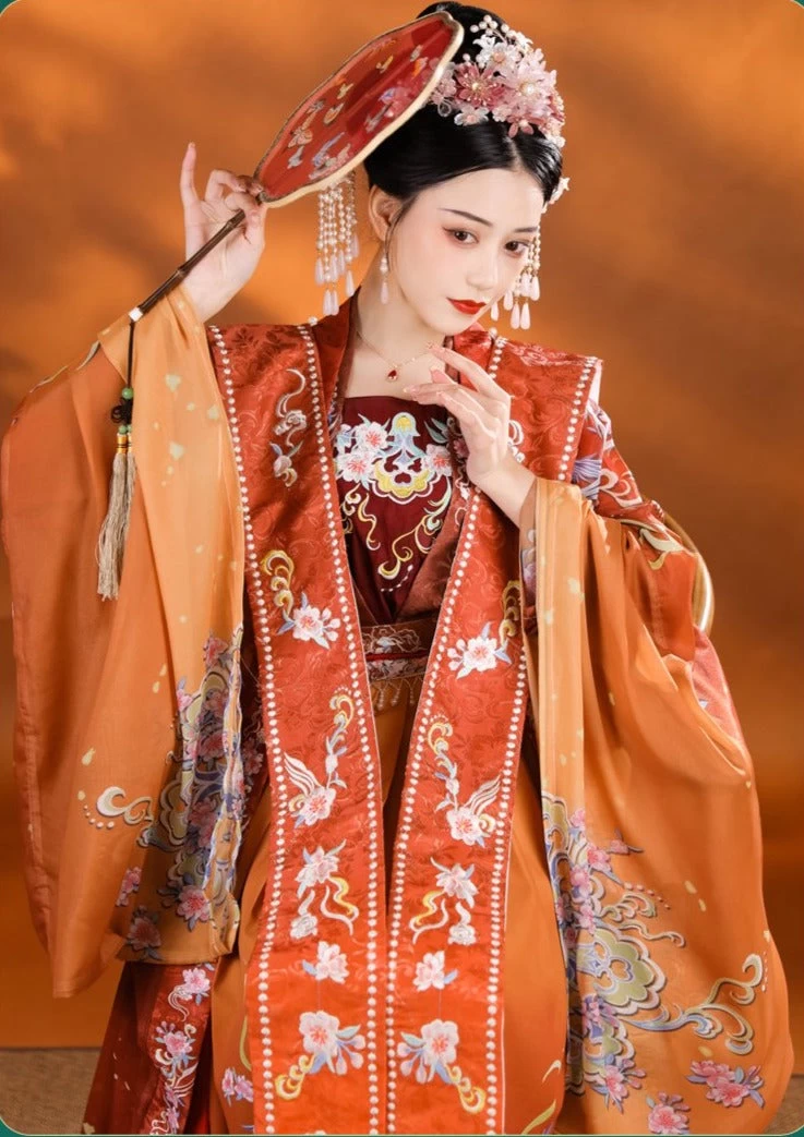 Women Modern Daily Hanfu Set Blue/Orange Magpie Print Flower Embroidery | HANFUBAO