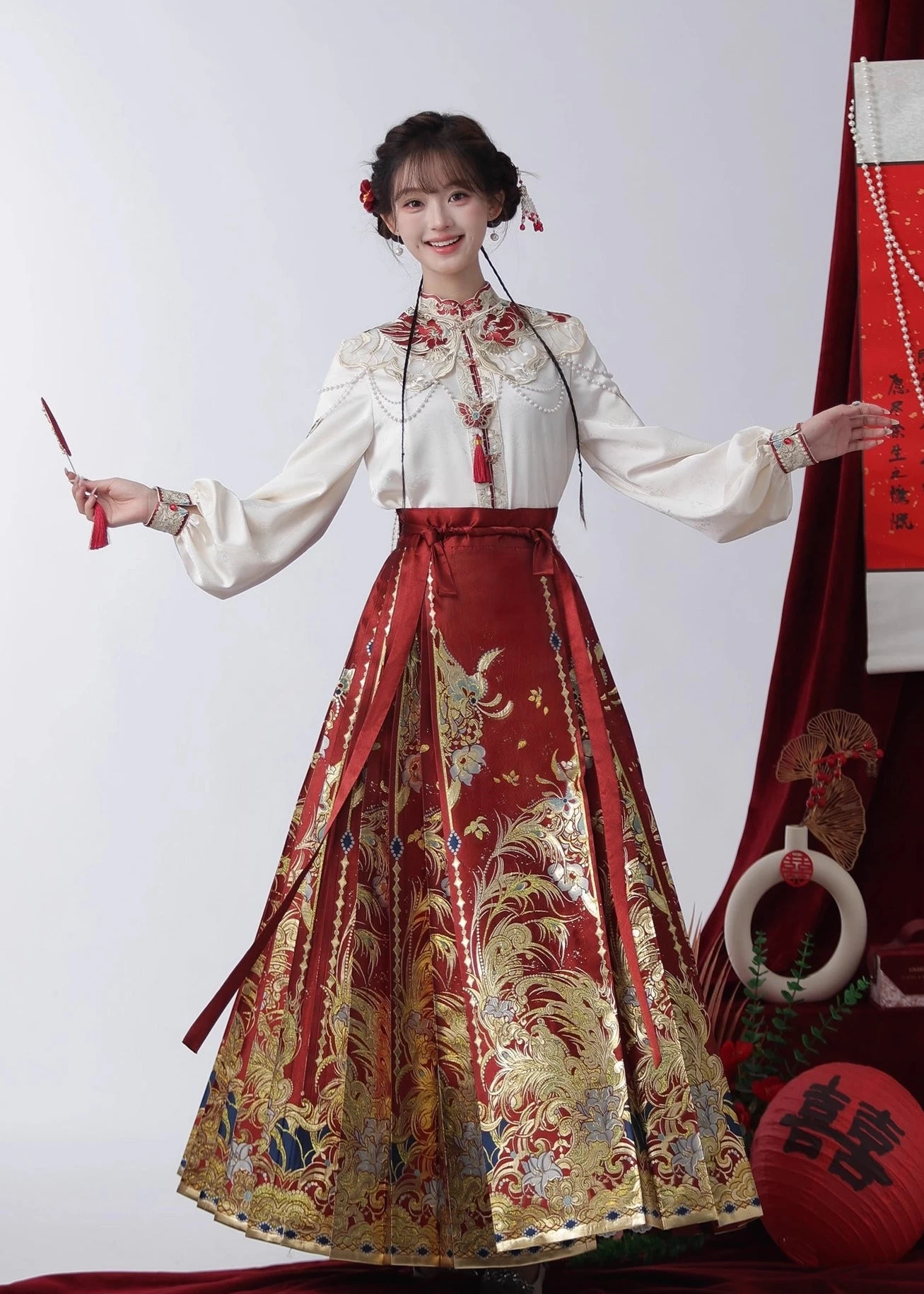 Women's 3-Piece Modern Wedding Hanfu Set Phoenix Embroidery | HANFUBAO
