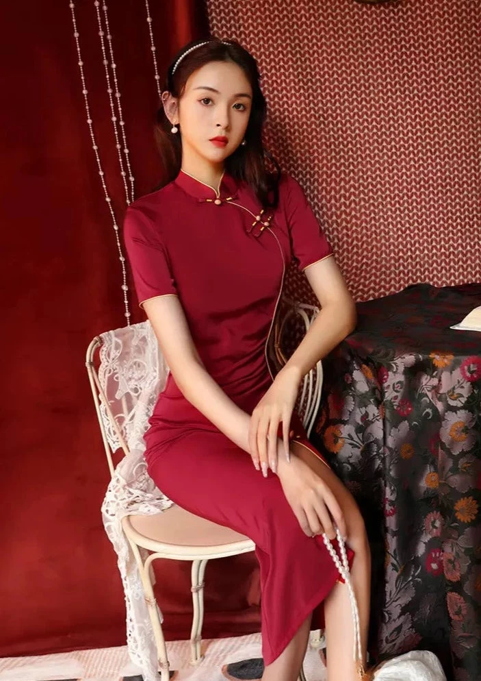 Women Acetate Satin Modern Hanfu Qipao Dress High Slit Red/3 Colors| HANFUBAO
