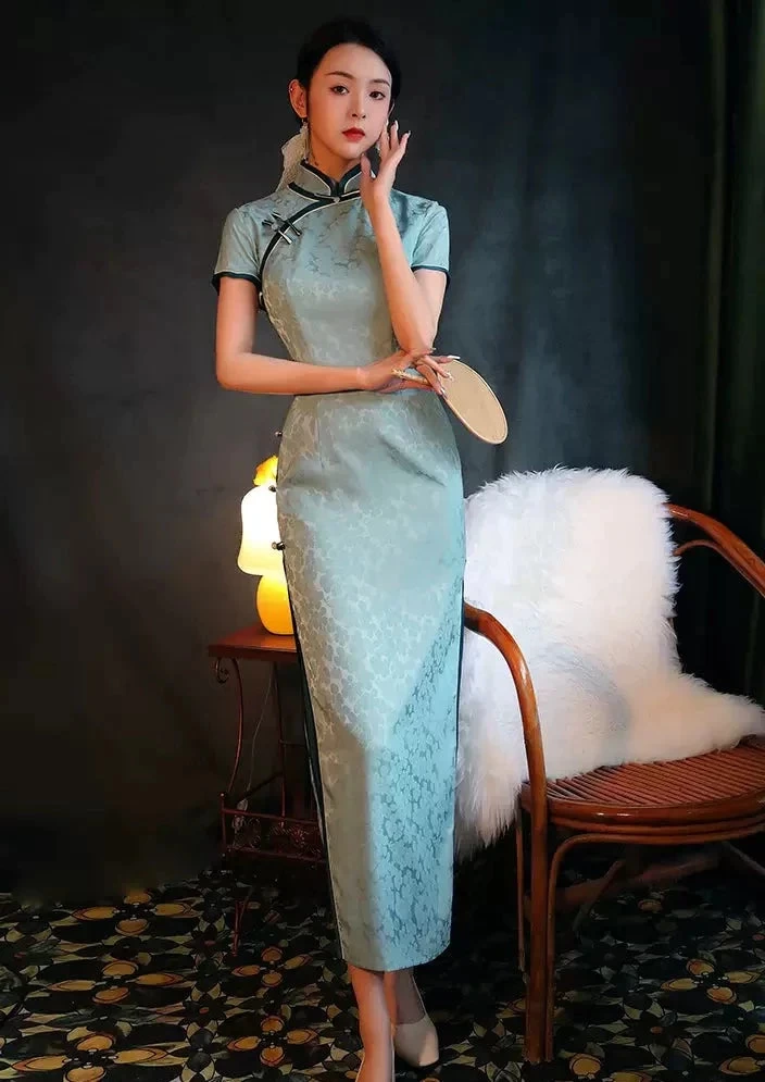 Women’s Satin Qipao Dress Blue Floral High Slit Evening Party | HANFUBAO