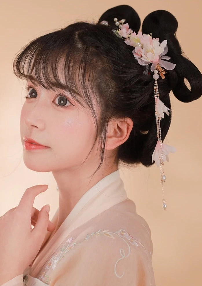 Women Crabapple Flower Yarn & Faux Pearl Hanfu Hair Clips Set (2pcs) | HANFUBAO