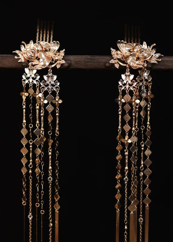 Women Flame Bird Tassel Hairpin Pair Gold Metal Hanfu Wedding Party | HANFUBAO