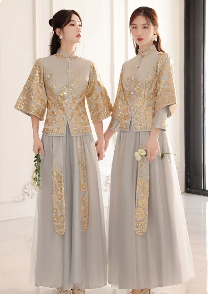 Women Chinese Style Hanfu Dress Set Gray  Bridal Party | HANFUBAO