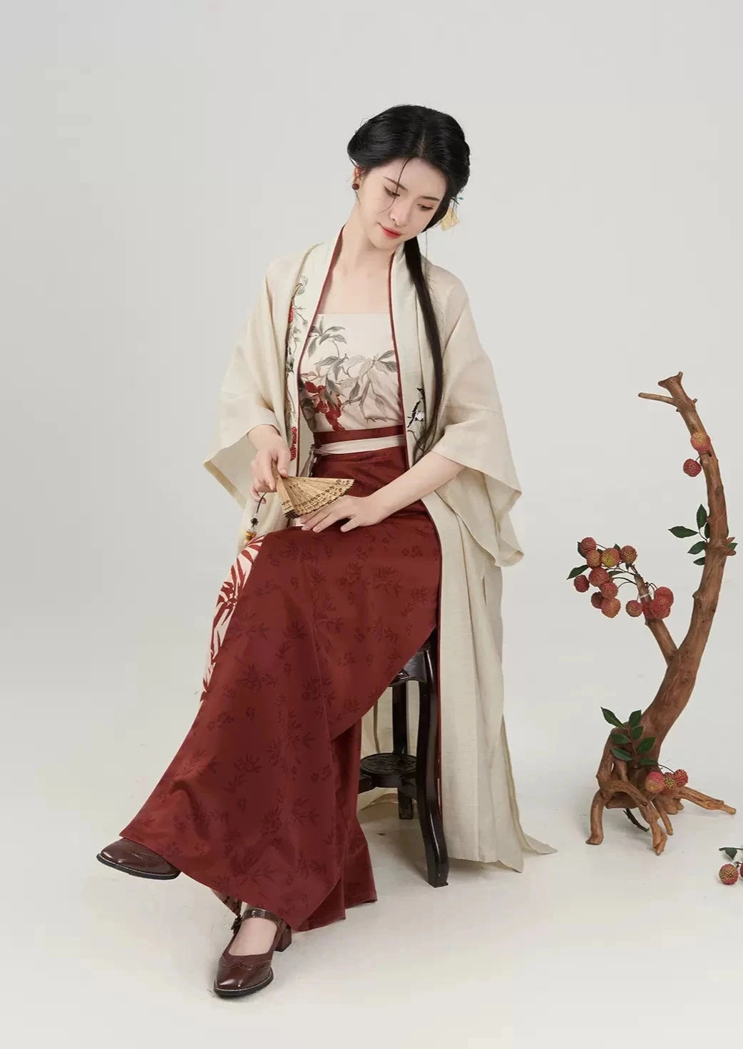 Women Modern Daily Hanfu 3-Piece Set Lychee Magpie Print| HANFUBAO
