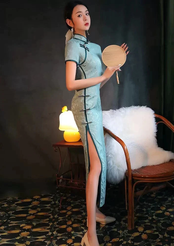 Women’s Satin Qipao Dress Blue Floral High Slit Evening Party | HANFUBAO