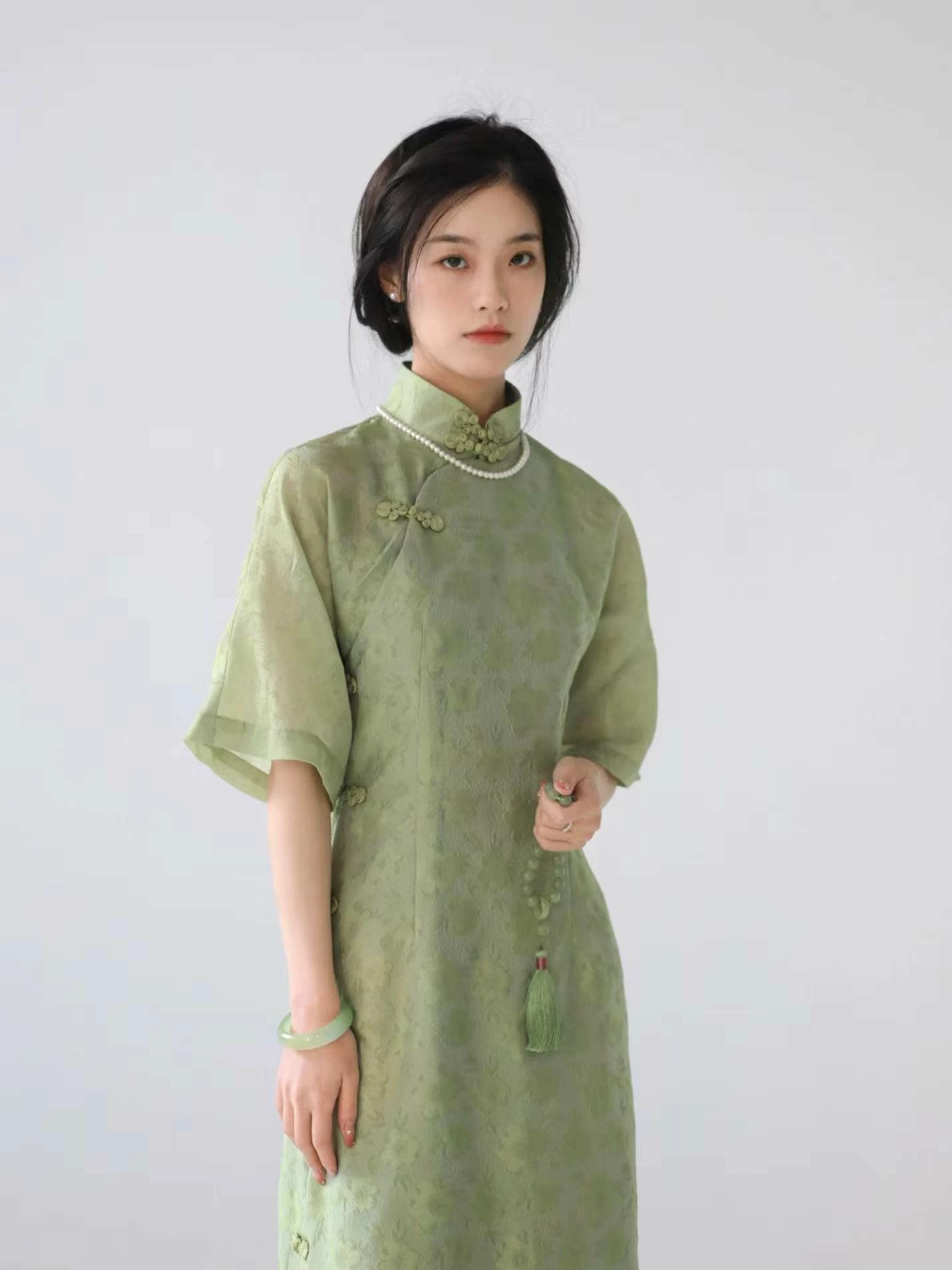 Women's Vintage Green Mandarin Collar Qipao Dress, Polyester-Rayon | HANFUBAO