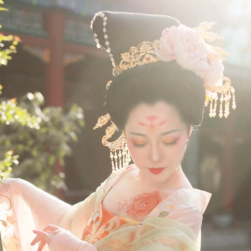 Women Copper Faux Pearl Hairpin Gold Peony Flower Crown | HANFUBAO