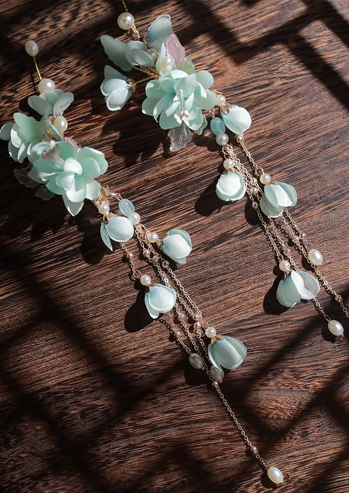 Women Hanfu Flower Goddess Hairpins Pair, Orchid Purple Yarn & Pearls | HANFUBAO