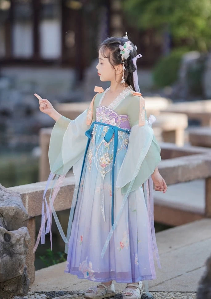 Girls Daily Hanfu Chiffon Pink Flower Embroidered Dress | HANFUBAO
