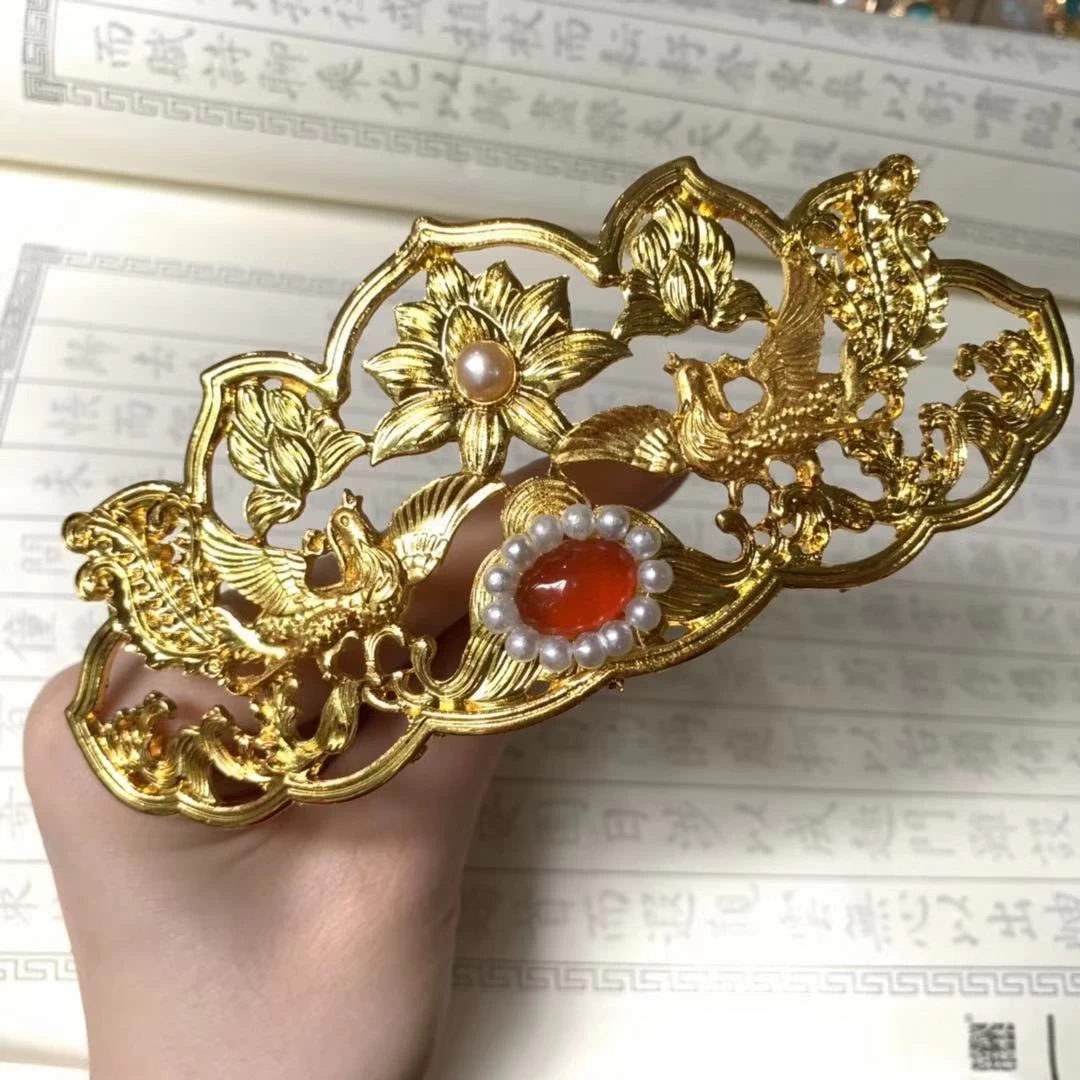 Women Copper Faux Pearl Hairpin Gold Peony Flower Crown | HANFUBAO