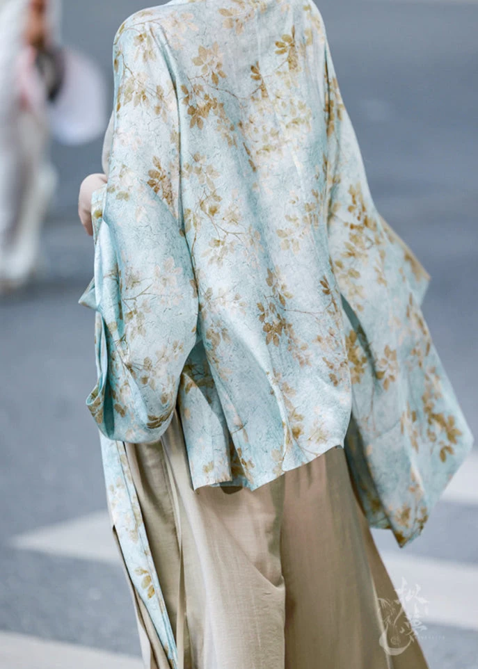 Women’s Daily Hanfu 3-Piece Pants Set Floral Cyan Linen-Rayon Blend | HANFUBAO