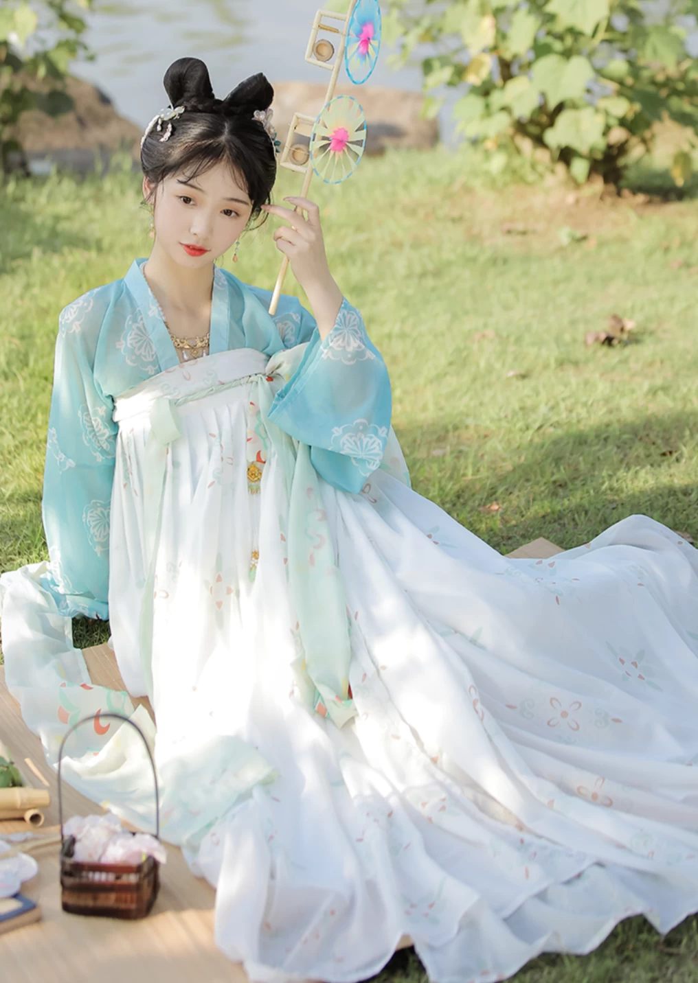 Women's Chiffon Blue White Tang Dynasty Daily Hanfu Set Plus Size | HANFUBAO