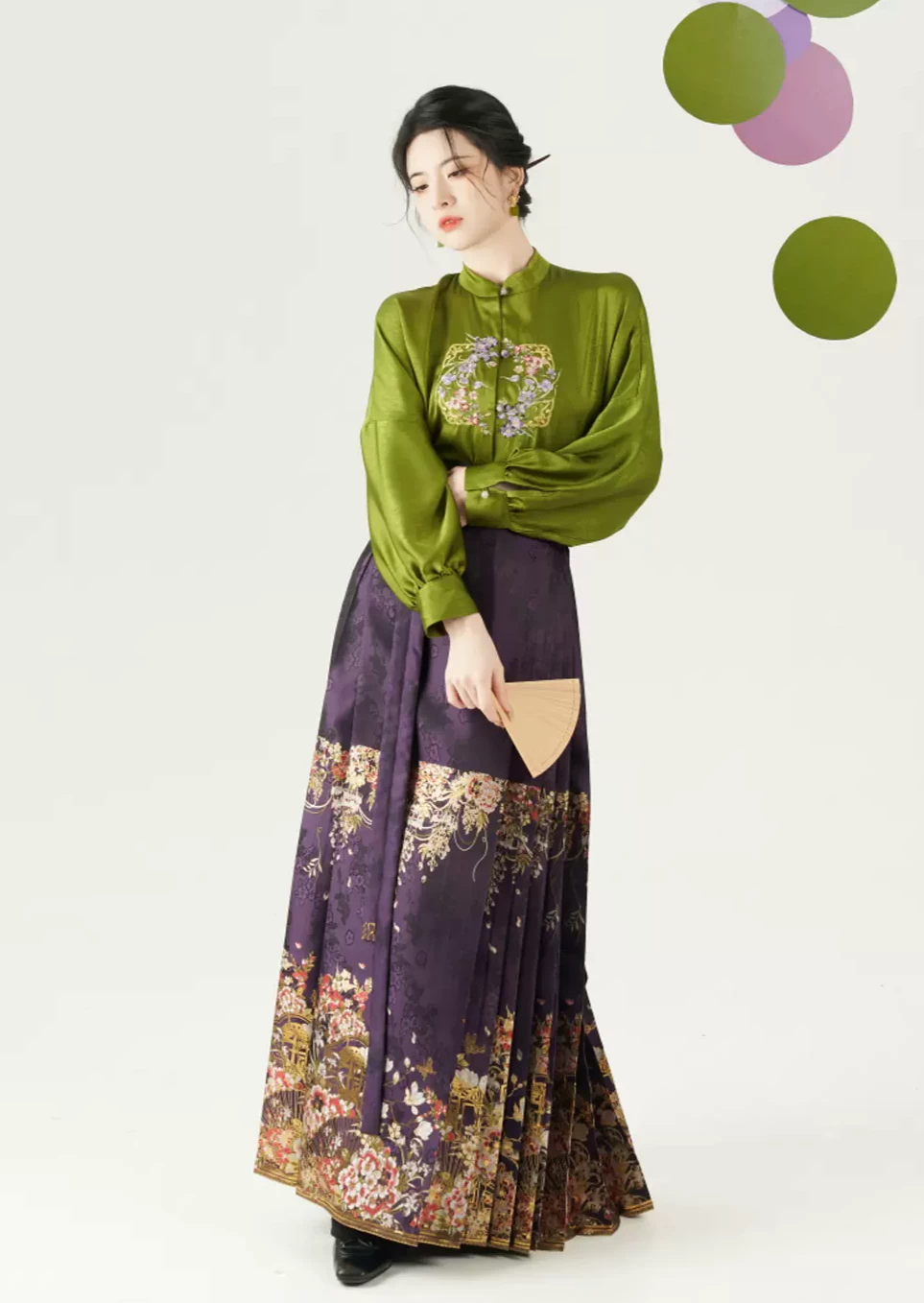 Women Modern Hanfu Linen Blend Spring Ma Mian Skirt Set Green Floral | HANFUBAO
