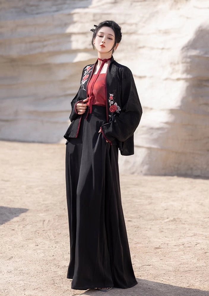 Women's Modern Daily Hanfu Silk-Cotton 4-Piece Pants Set Red | HANFUBAO