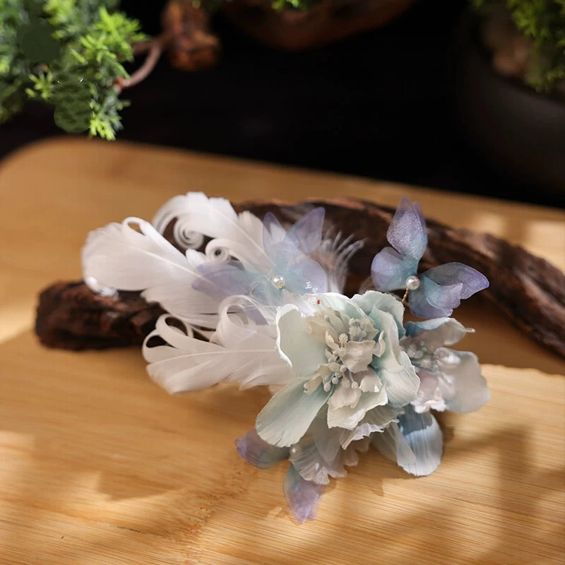 Women Hanfu Feather Flower Goddess Hairpins Pair Yarn Faux Pearls 9cm | HANFUBAO