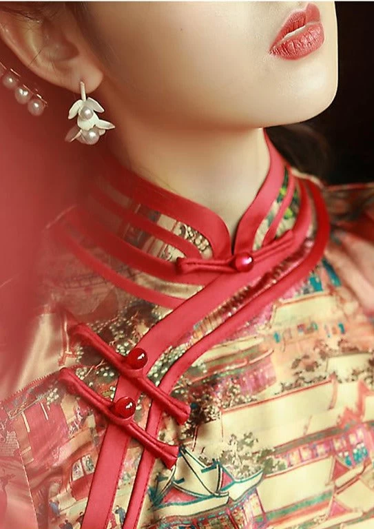 Women Vintage Satin Qipao MeilRed Painting Print | HANFUBAO
