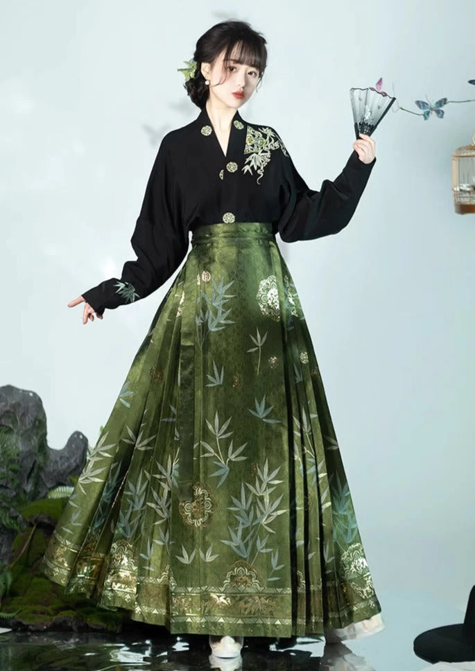 Women Modern Ma Mian Skirt Set Bamboo Embroidery Plus Size| HANFUBAO