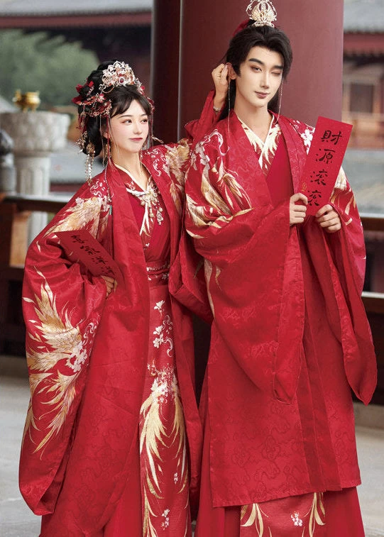 Women 3-Piece Wedding Hanfu Crane Feather Embroidered Red Plus Size| HANFUBAO