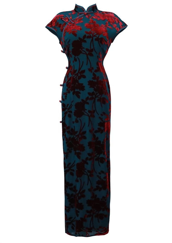 Women Vintage Navy Velvet Qipao Cheongsam High Slit Evening| HANFUBAO
