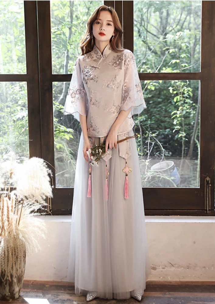 Women Chinese Style Hanfu Bridesmaid Dress Set Gray Plus Size | HANFUBAO