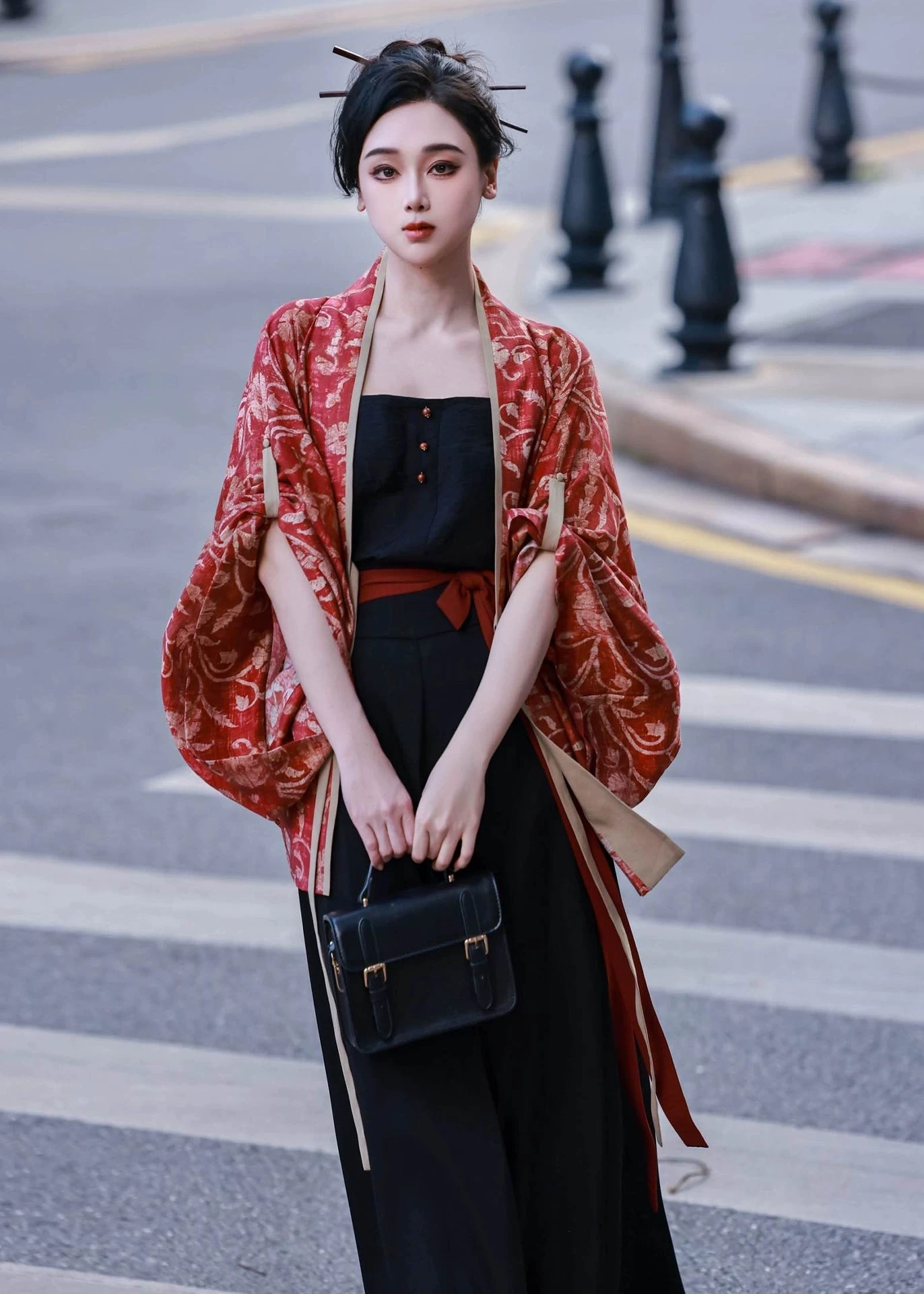 Women Tencel Linen Modern Hanfu 4-Piece Pants Set Vermilion | HANFUBAO