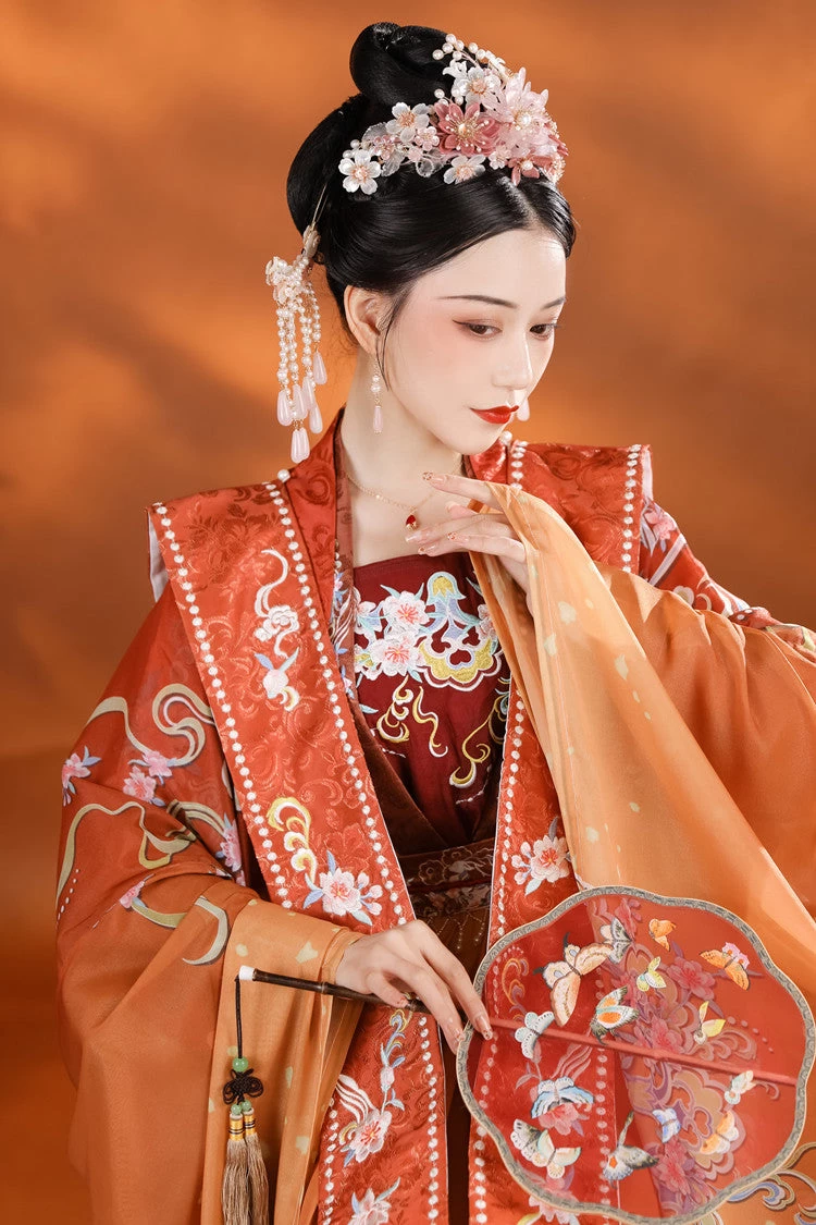 Women Modern Daily Hanfu Set Blue/Orange Magpie Print Flower Embroidery | HANFUBAO