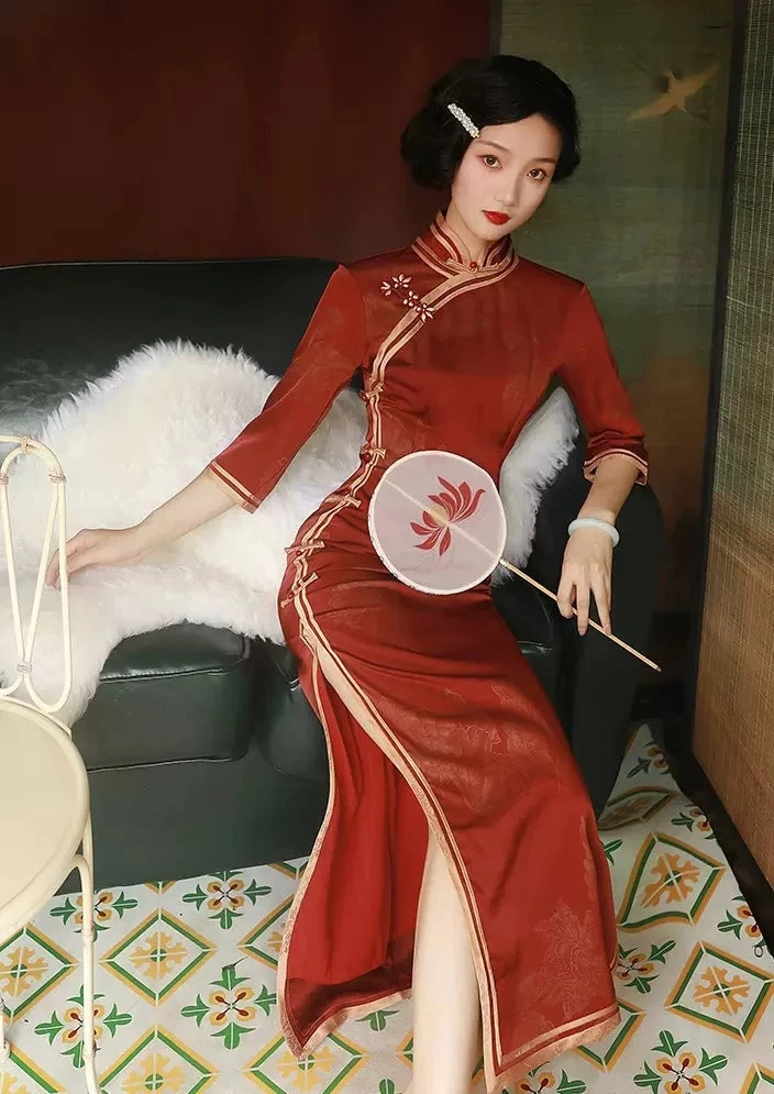 Women Acetate Satin Modern Hanfu Qipao Dress Wine Red | HANFUBAO