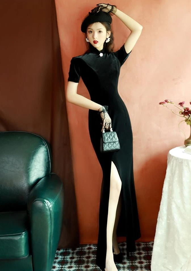 Women Velvet Qipao Dress Black High Slit Evening Party| HANFUBAO