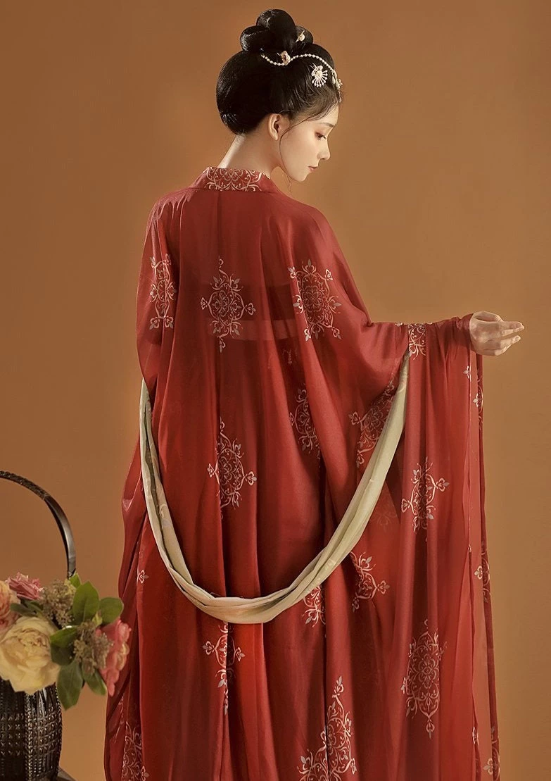 Women's Chiffon Vintage Floral Embroidered Red Hanfu Dress Set | HANFUBAO