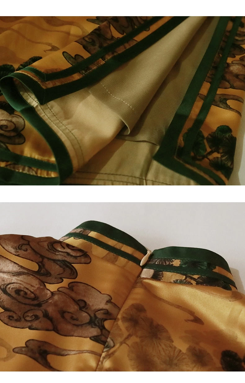 Women Cloud Satin Qipao Cheongsam Gold Cloud Print Daily Wear| HANFUBAO