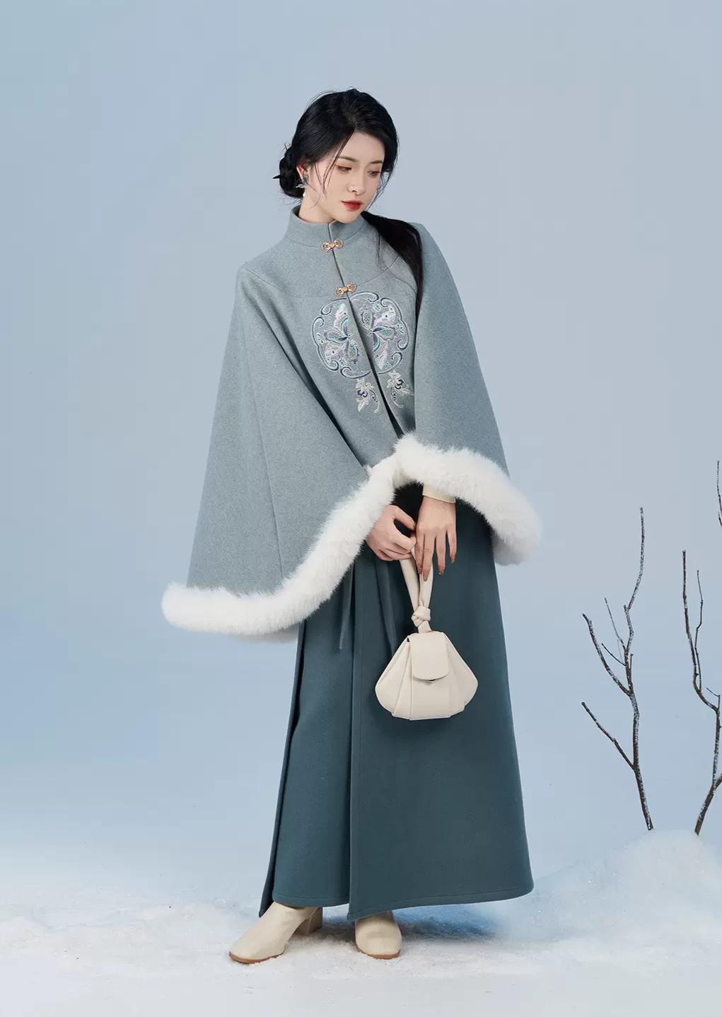 Women Modern 2-Piece Daily Hanfu Cape & Skirt Set, Snow White | HANFUBAO