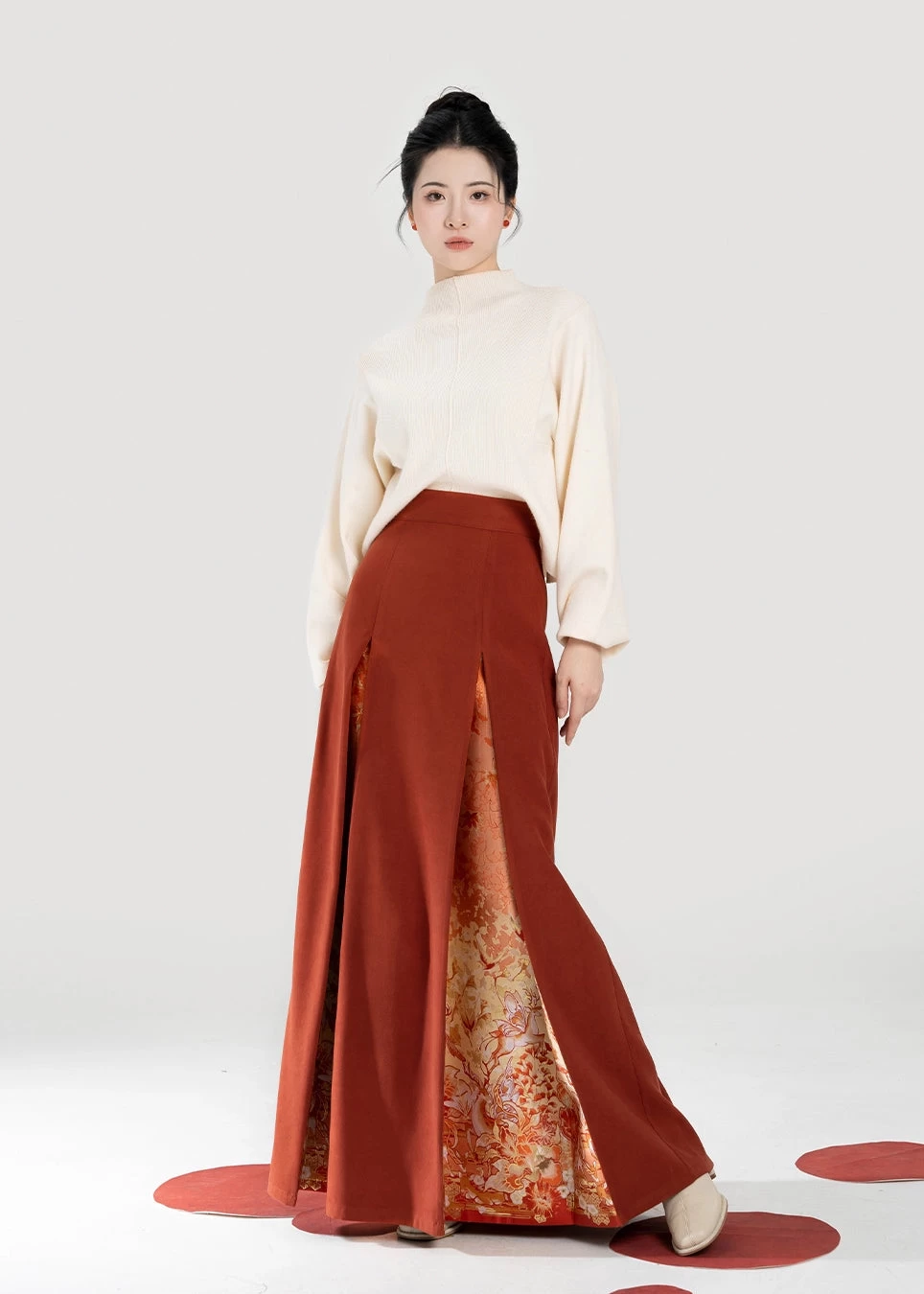 Women’s Modern 2-Piece Daily Hanfu Sweater & San Jian Skirt Set Maple Orange | HANFUBAO