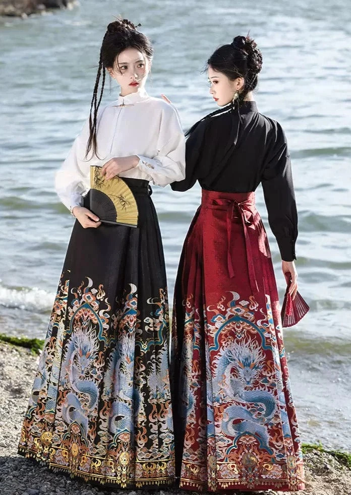 Women Modern Ma Mian Skirt Dragon Embroidery Plus Size| HANFUBAO