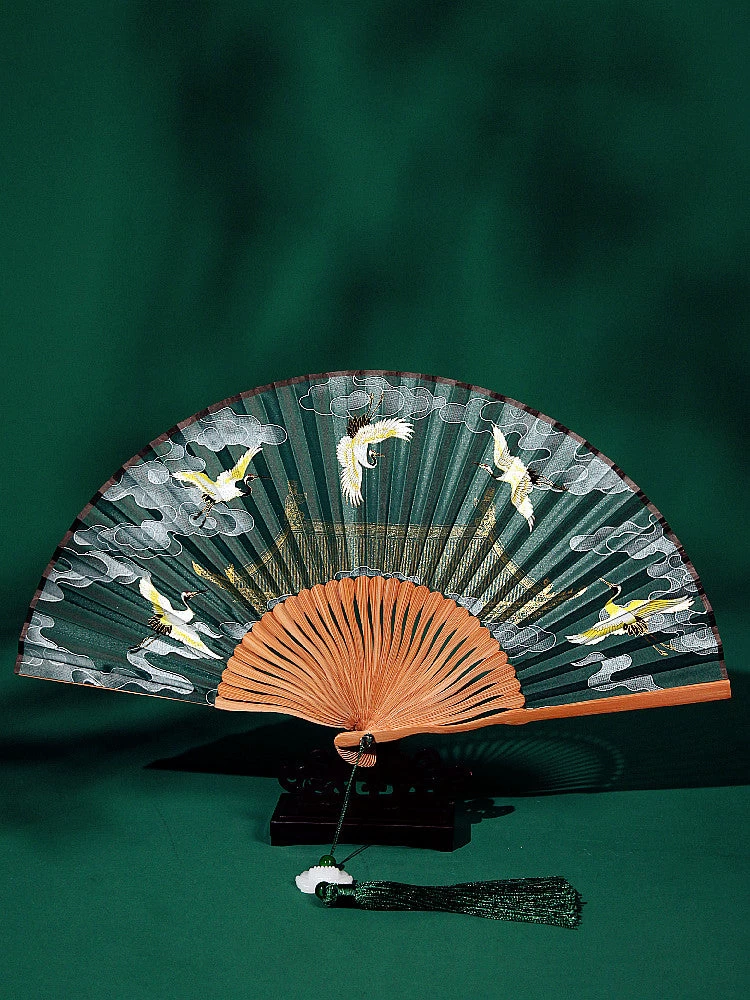 Flying Crane Folding Tassels Hand Fan,  Bamboo for Hanfu Cosplay | HANFUBAO