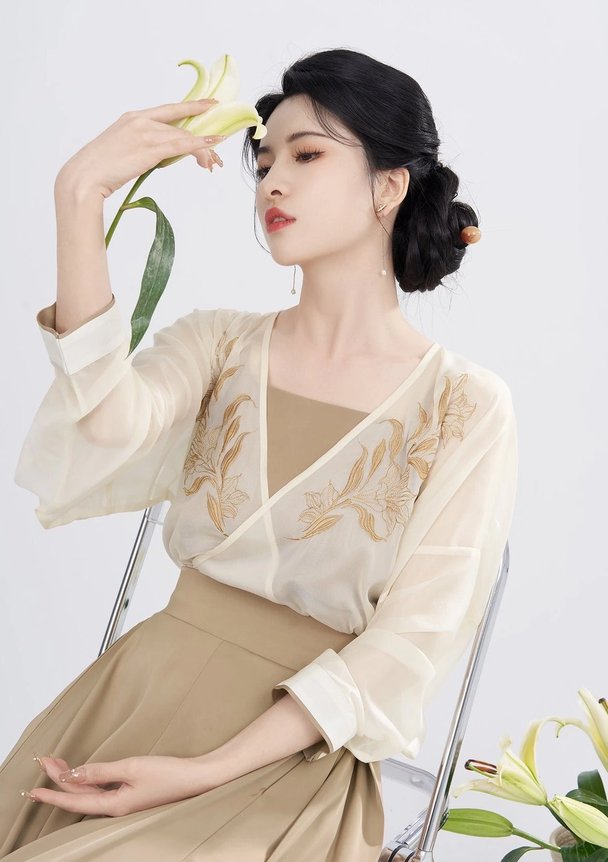 Women's Daily Hanfu Set Modern Beige Tie-Dye Tank+Blouse+Pants | HANFUBAO