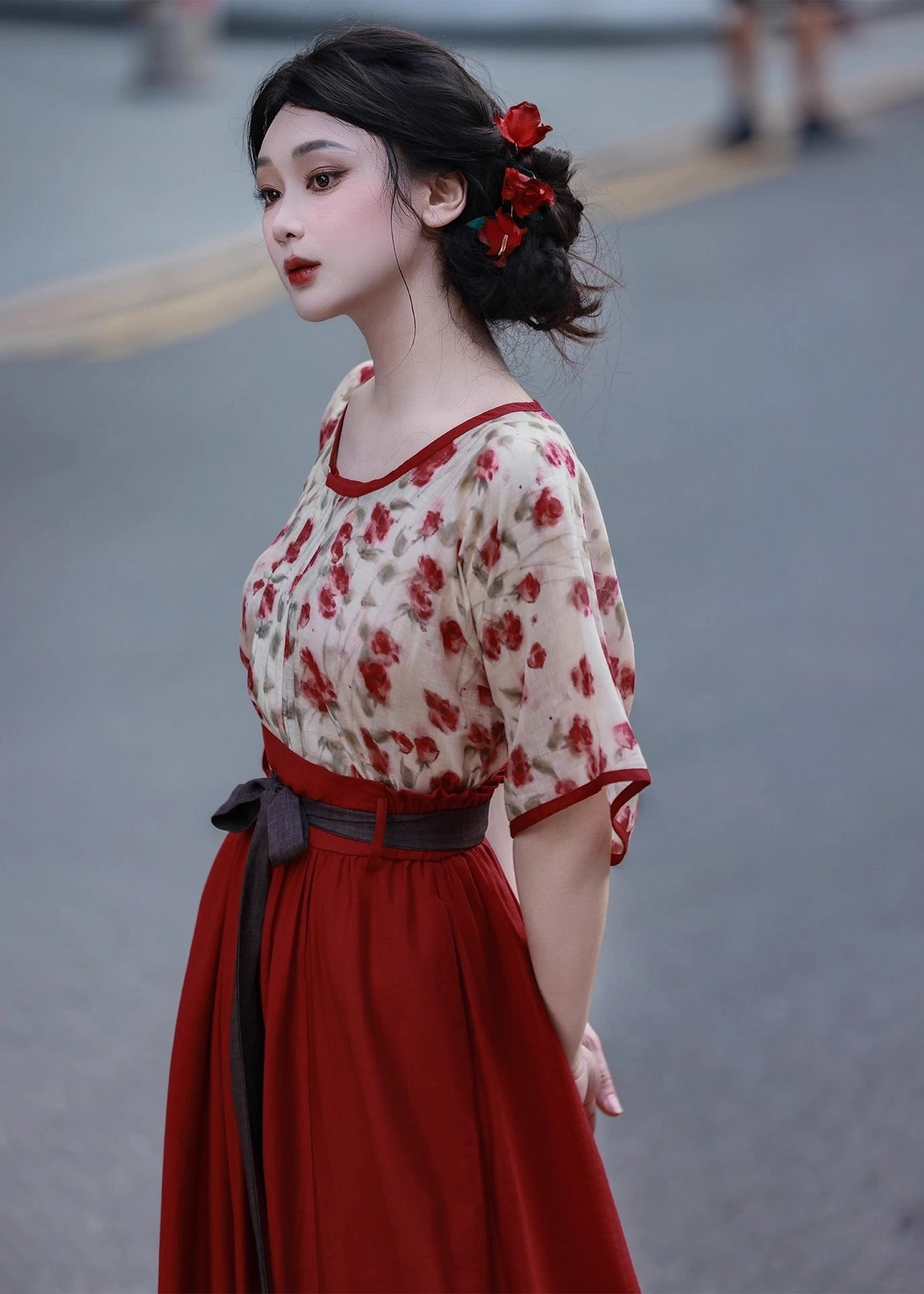 Women Modern Hanfu Linen-Blend 2pc Top Skirt Set Rose Tea | HANFUBAO