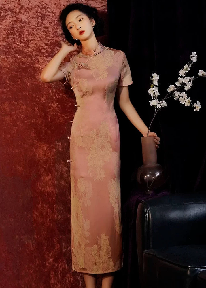 Women Satin Modern Hanfu Qipao Purple Peony Print | HANFUBAO