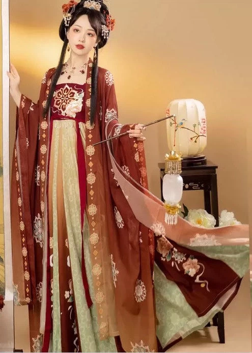 Women’s Plus Size 3-Piece Chiffon Daily Hanfu Set in Crimson Glow | HANFUBAO