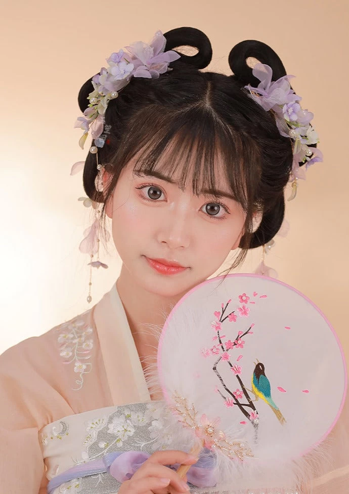 Women Hanfu Feather Flower Goddess Hairpins Pair Yarn Faux Pearls 9cm | HANFUBAO