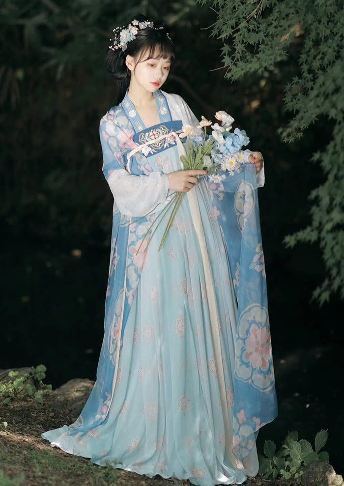 Women Modern Chiffon Hanfu Set Tang Pink/Blue 3-Piece Daily Wear| HANFUBAO