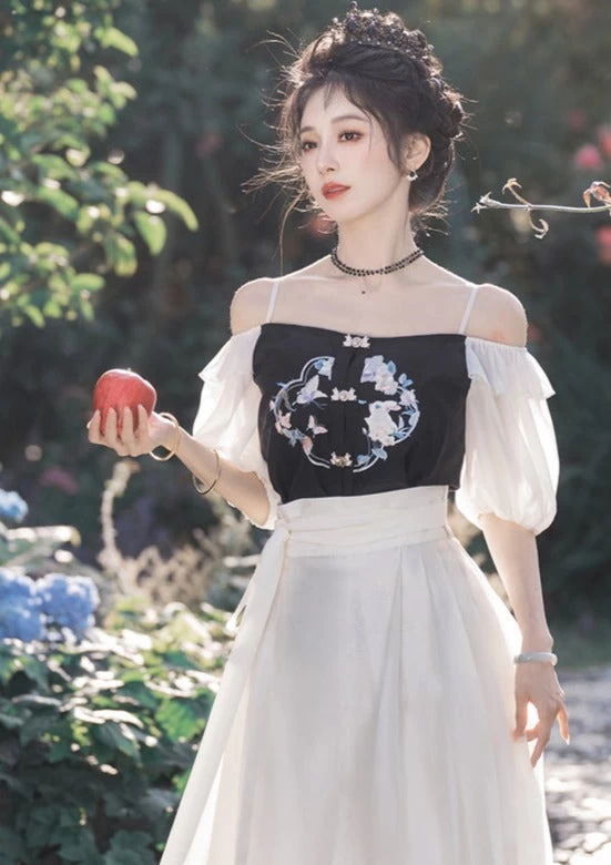 Women's Daily Hanfu Chiffon Puff Sleeve Top+Skirt Floral Rabbit Embroidery| HANFUBAO