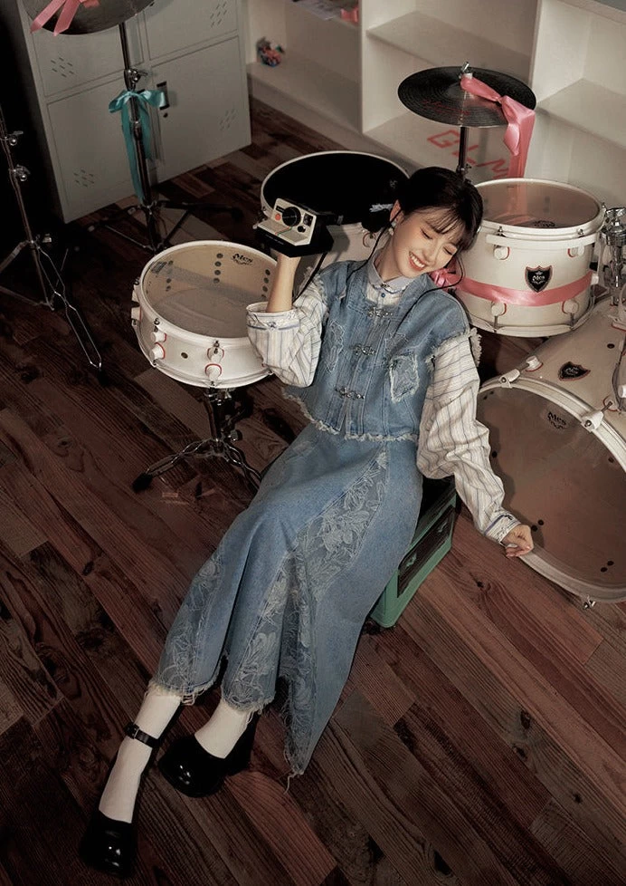 Women Denim Modern Hanfu 3-Piece Daily Set Indigo Blue | HANFUBAO