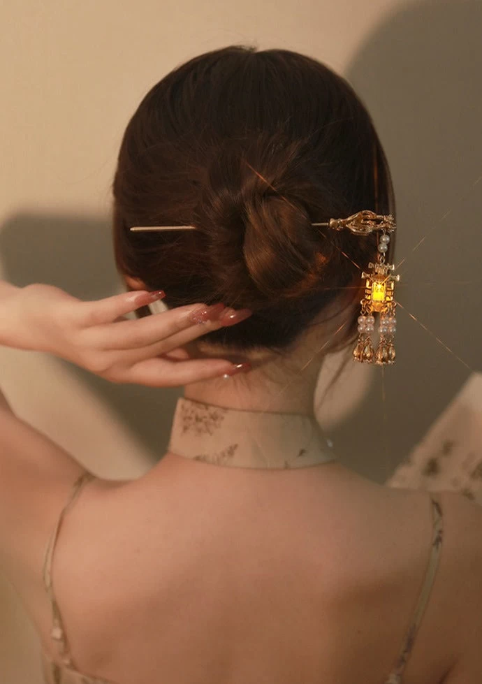 Women Pavilion Lantern Tassel Hairpin Gold Faux Pearl Metal| HANFUBAO