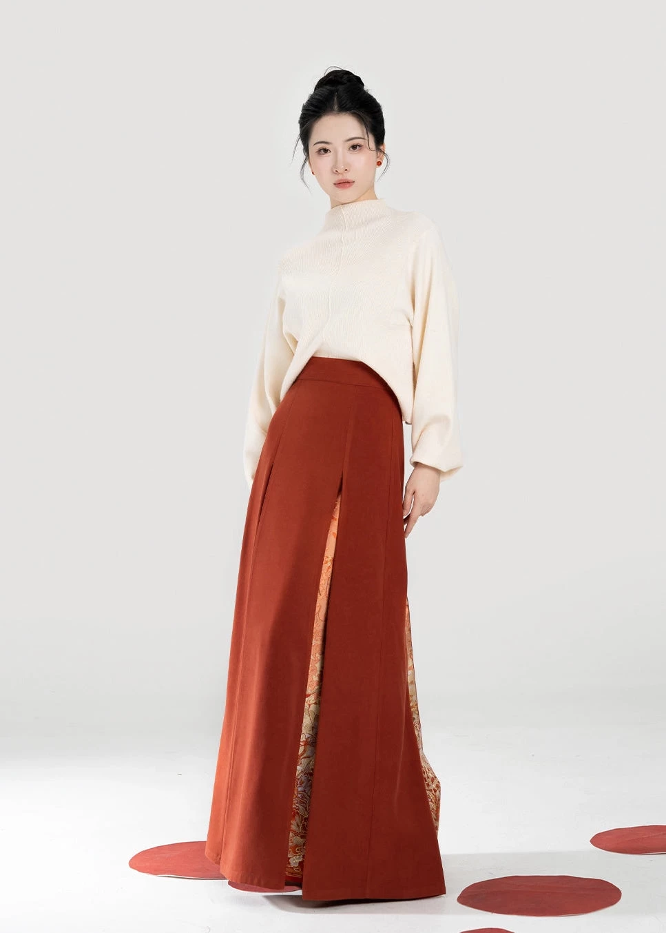 Women’s Modern 2-Piece Daily Hanfu Sweater & San Jian Skirt Set Maple Orange | HANFUBAO