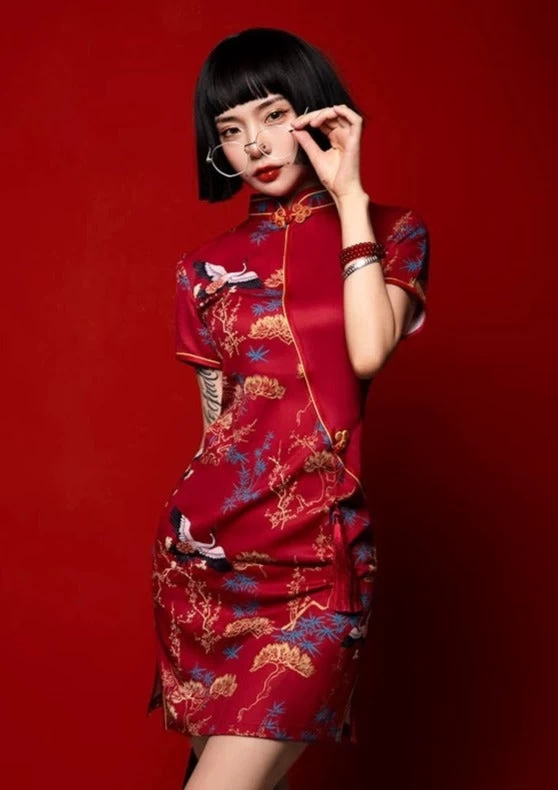 Women's Mini Qipao Dress Crane Print  Plus Size Daily Events| HANFUBAO
