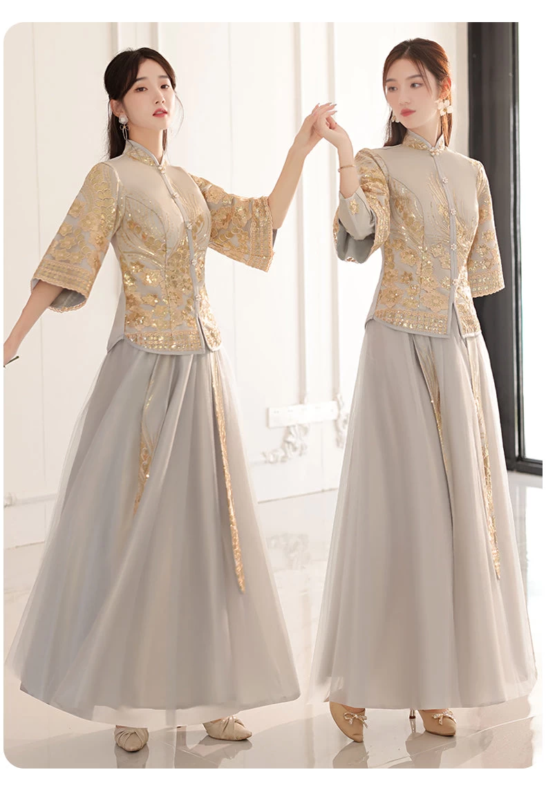 Women Chinese Style Hanfu Dress Set Gray  Bridal Party | HANFUBAO